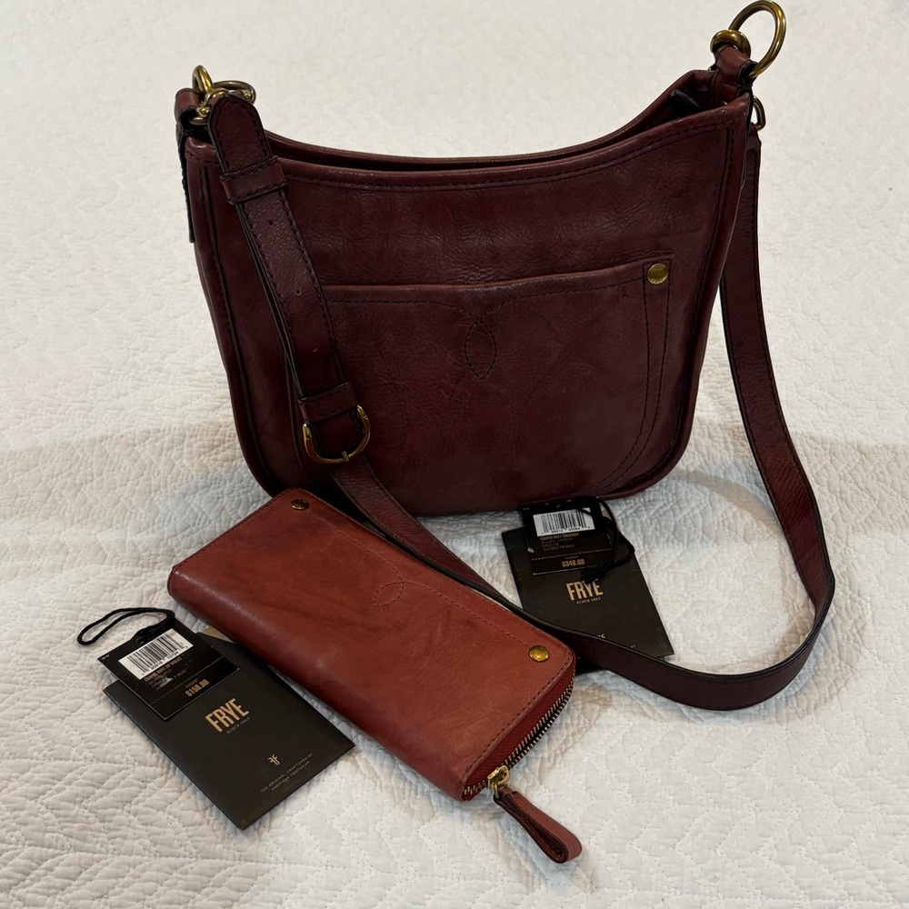 Frye Dark Leather Shoulder Bag and Wallet Bundle